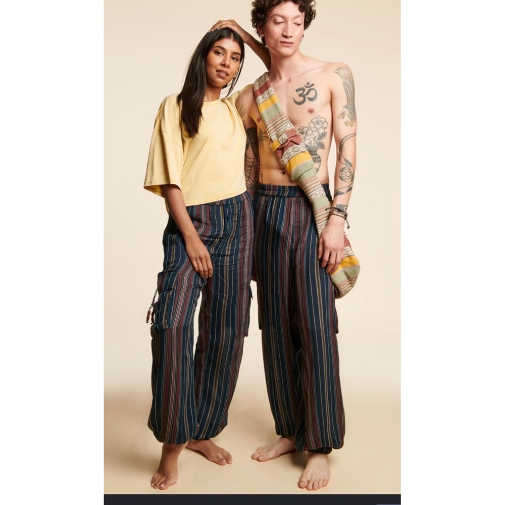 Earthbound Trading Co Striped Cotton Cargo Pants Boho Hippie Festival M